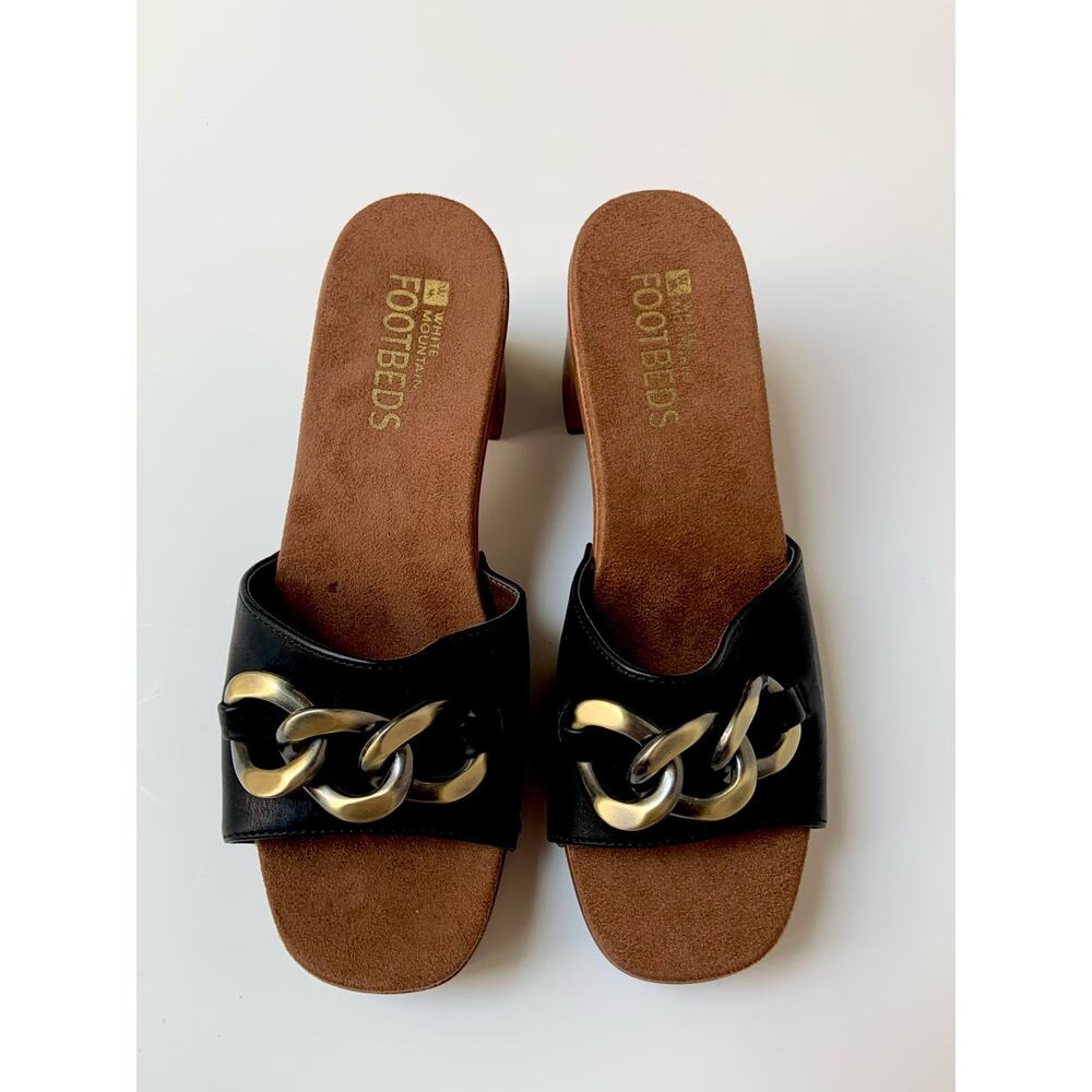 NWOB White Mountain Jem Footbeds Black Block Heeled Gold Chain Sandals Wmns 7 - Picture 2 of 10
